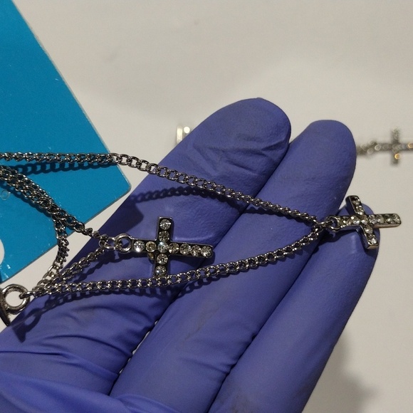 Silver-tone Layered Chain Sparkling Crosses Drop Earrings 3.5-in Women's Jewelry - Picture 6 of 6